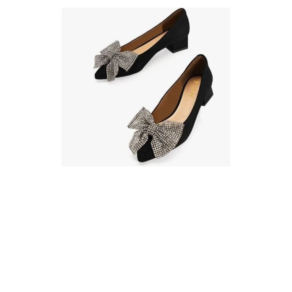 YDN Women Pointed Toe Heeled Pumps Slip on Block Low Heels Rhinestone Bow Bling